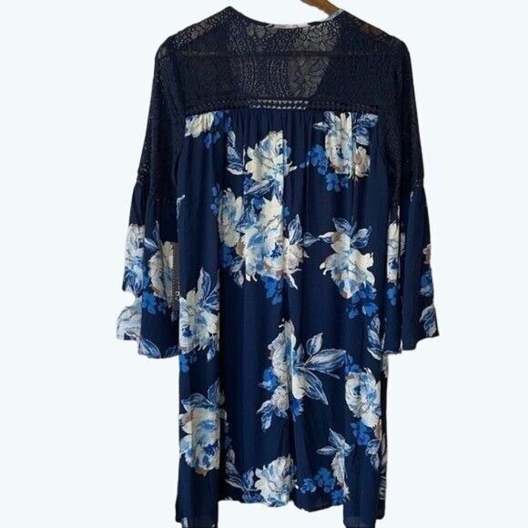 Luxology Floral Crochet Bell Sleeve Blue Midi Dress Size 8 - Picture 3 of 13